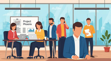 Diverse business team collaborating on Project Phoenix, perfect for website banners or presentations.