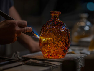 A glassblower is blowing and sculpting the orange-colored, round vase with his hands.