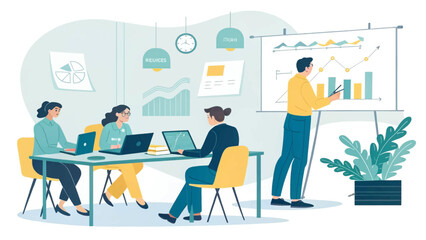 Teamwork, data analysis, and business presentation: Illustration perfect for websites, brochures, and reports.