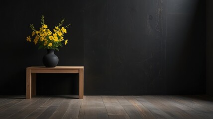 Still life composition featuring a black vase filled with yellow flowers on a wooden table against a dark background.