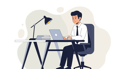 Businessman working on laptop at desk, ideal for website banners or presentations.