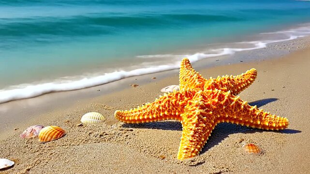 Bright orange starfish resting on sandy beach with seashells, gentle waves lapping in background
