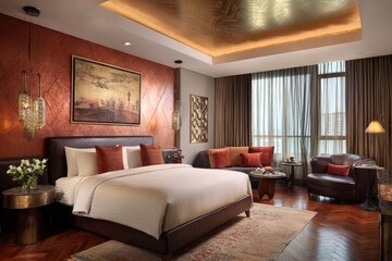 Luxurious bedroom with warm tones and art