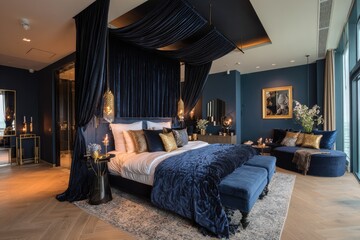 Luxurious navy blue bedroom with draped canopy