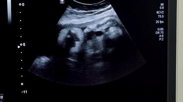 2D Ultrasound display of 30 weeks pregnant. Fetus ultrasound image that show important organs.	
