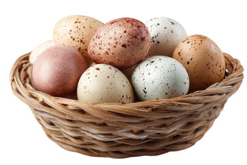 Assorted eggs in a shallow woven basket