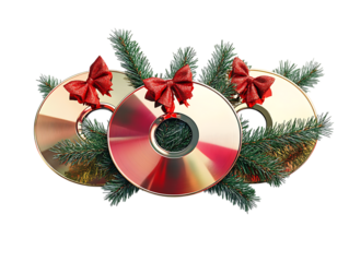 Three festive christmas wreaths made from shiny cds decorated with red bows and pine branches isolated on transparent background