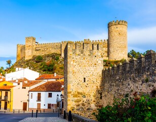 Fototapeta premium Ancient stone castle with town below