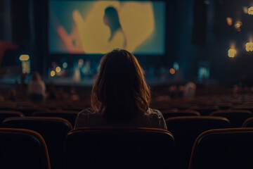A woman is sitting in the cinema hall, watching a movie on the stage. The view is from the back.