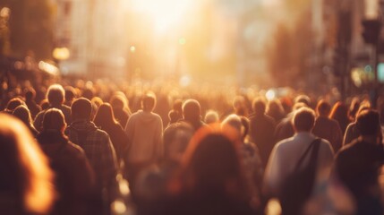 The vibrant crowd moving through the city at sunset, embracing the urban energy.