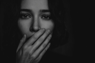 A woman with her hand covering her mouth, monochrome background,