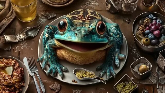 Whimsical still life featuring a colossal frog nestled amongst culinary delights