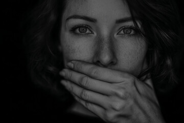 A woman with her hand covering her mouth, monochrome background,