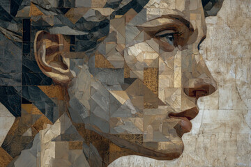 A woman's head with an ear, a geometric pattern of triangles and squares in the background.