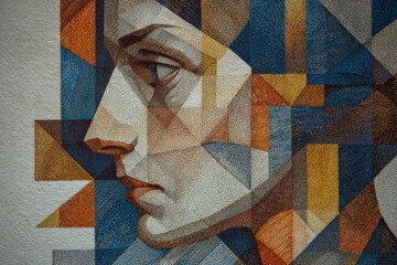 A woman's head with an ear, a geometric pattern of triangles and squares in the background.