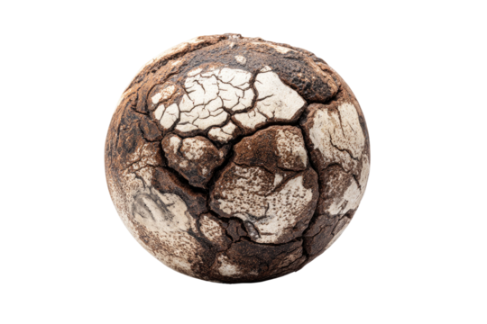 A cracked, globe-shaped ceramic object, earth-toned