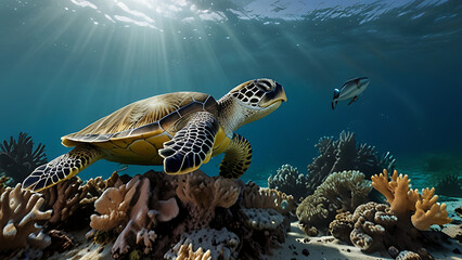 A green sea turtle gracefully glides through a blue aquarium, its shell contrasting with the vibrant marine life
