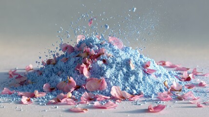 A mound of blue powder with scattered and falling pink petals, studio shot on white