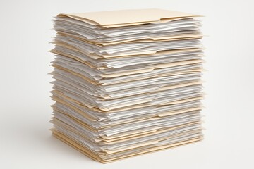 Stack of manila folders with white documents against a white background. Concept for workload management, administrative tasks and paperwork organization