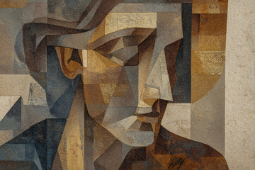 A woman's head with an ear, a geometric pattern of triangles and squares in the background.