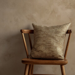 A wooden chair with a brown patterned pillow against a beige wall, close-up, simple background.