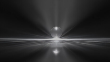 Abstract light rays background with glowing white beam and sphere in the center, black and gray color theme,