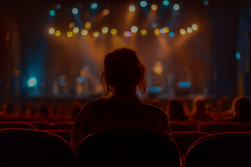 A woman is sitting in the cinema hall, watching a movie on the stage. The view is from the back.