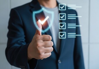 Photo of businessman gives a thumbs up with a glowing shield and checklist, symbolizing security and approval