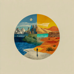 An illustration of different landscapes in the shape of a circle, with a person standing at the center.