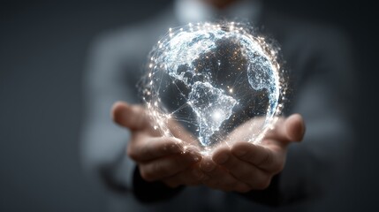 A businessman holds a glowing digital globe hologram, showcasing interconnected continents and futuristic grid pattern, highlighting global connectivity, technology, and innovation.
