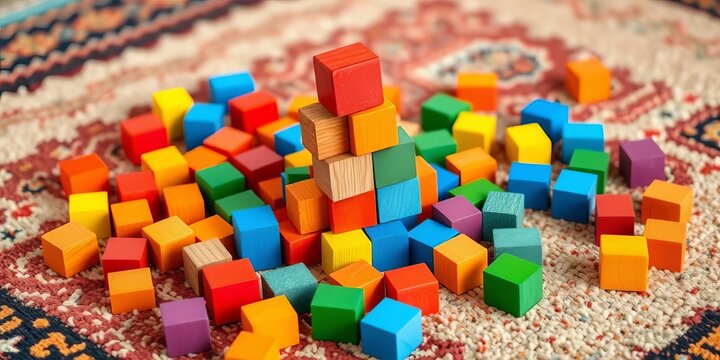 Colorful wooden blocks scattered on a rug, forming a small tower, texture, activity