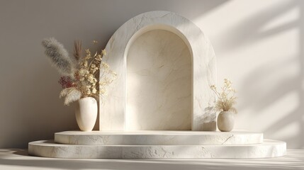 Elegant archway with floral decorations on a staged pedestal in soft lighting