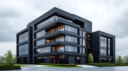 Obraz premium Sleek dark modern building with multiple levels of large glass windows and balconies under a cloudy sky