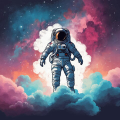 Astronaut in Cosmic Cloudscape: A Vivid Space Illustration © Ridwan