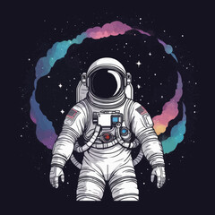 Astronaut in Space with Colorful Nebula and American Flag Patches.