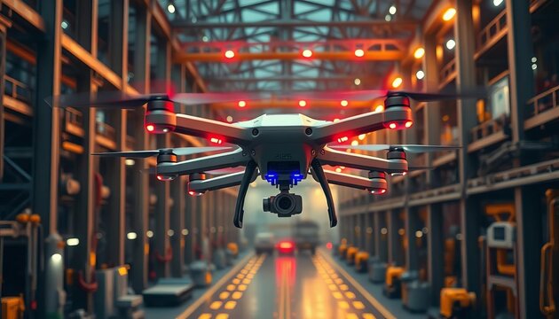 Futuristic drone swarm inspecting industrial facility,  clean,   data