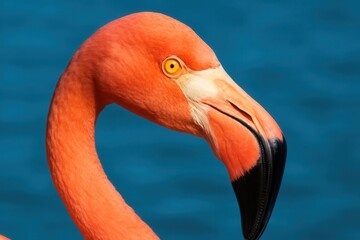 A close-up of a vibrant flamingo against a serene blue backdrop