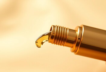Golden pipette dispensing serum, beige backdrop; luxurious texture,  drop,  beauty