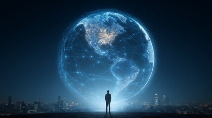 Businessman standing in front of a holographic digital Earth, representing the concept of global network and connectivity. The background is a blue night scene with the silhouette of a cityscape