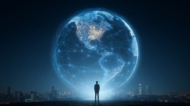 Businessman standing in front of a holographic digital Earth, representing the concept of global network and connectivity. The background is a blue night scene with the silhouette of a cityscape