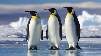 Fototapeta premium The majestic group of emperor penguins standing on icy terrain in Antarctica.