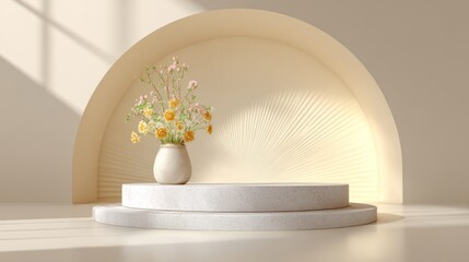 Elegant floral arrangement in a ceramic vase on a stone platform with arch backdrop
