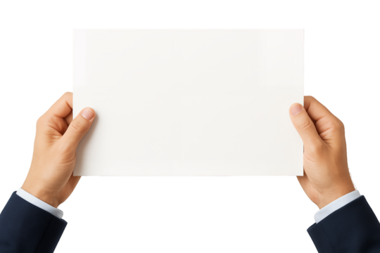 Man's hands in a suit holding blank paper on a transparent and white background, concept for business presentation, corporate communication and paper advertisement