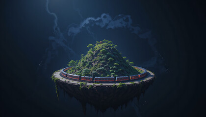 Tiny train circling around a hill on a floating platform in a black void – Choti Duniya theme