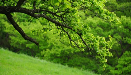 Obraz premium Twisted Tree Branch with Bright Green Leaves in a Lush Forest