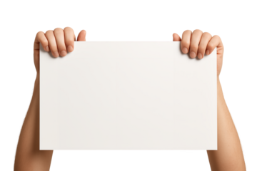 Hands holding blank rectangular white paper sheet on a transparent and white background, concept for message template, advertising mockup and promotion banner presentation