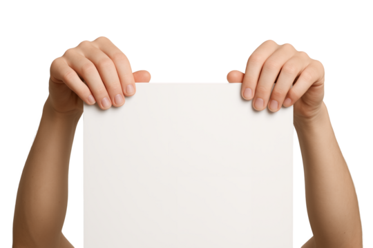 Female hands holding a blank white card against a transparent and white background, concept for message board, presentation template and protest sign