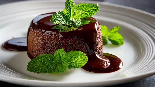 Chocolate cake with cream and mint leaves