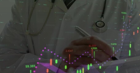 Doctor tapping tablet and generating medical charts with candlestick graph and trend curves - Powered by Adobe