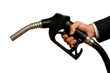Hand of a financial advisor in suit holding fuel nozzle on a transparent and white background, concept for energy investment, economic analysis and petroleum industry